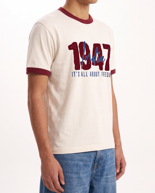 1947 Ringer Tee | 220 GSM 96% Cotton Lycra Off-White & Maroon Ringer T-Shirt