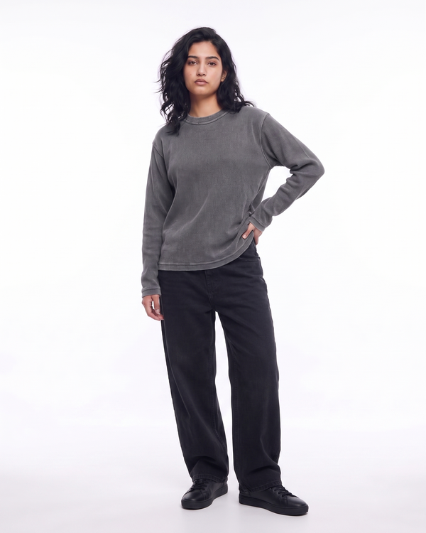 Acid Wash Waffle Knit Oversized Full-Sleeve T-Shirt | 240 GSM Waffle Knit Cotton Oversized Tee