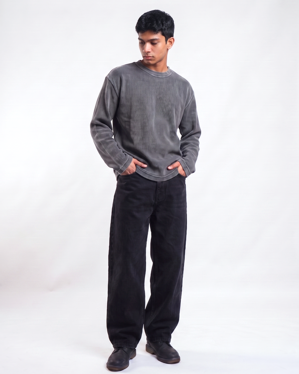 Acid Wash Waffle Knit Oversized Full-Sleeve T-Shirt | 240 GSM Waffle Knit Cotton Oversized Tee