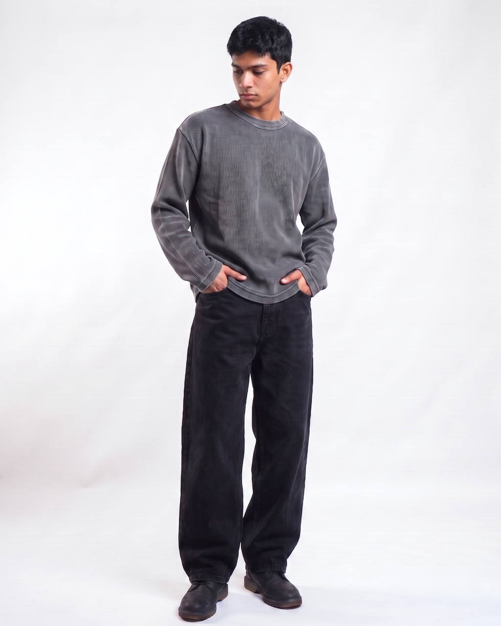 Acid Wash Waffle Knit Oversized Full-Sleeve T-Shirt | 240 GSM Waffle Knit Cotton Oversized Tee