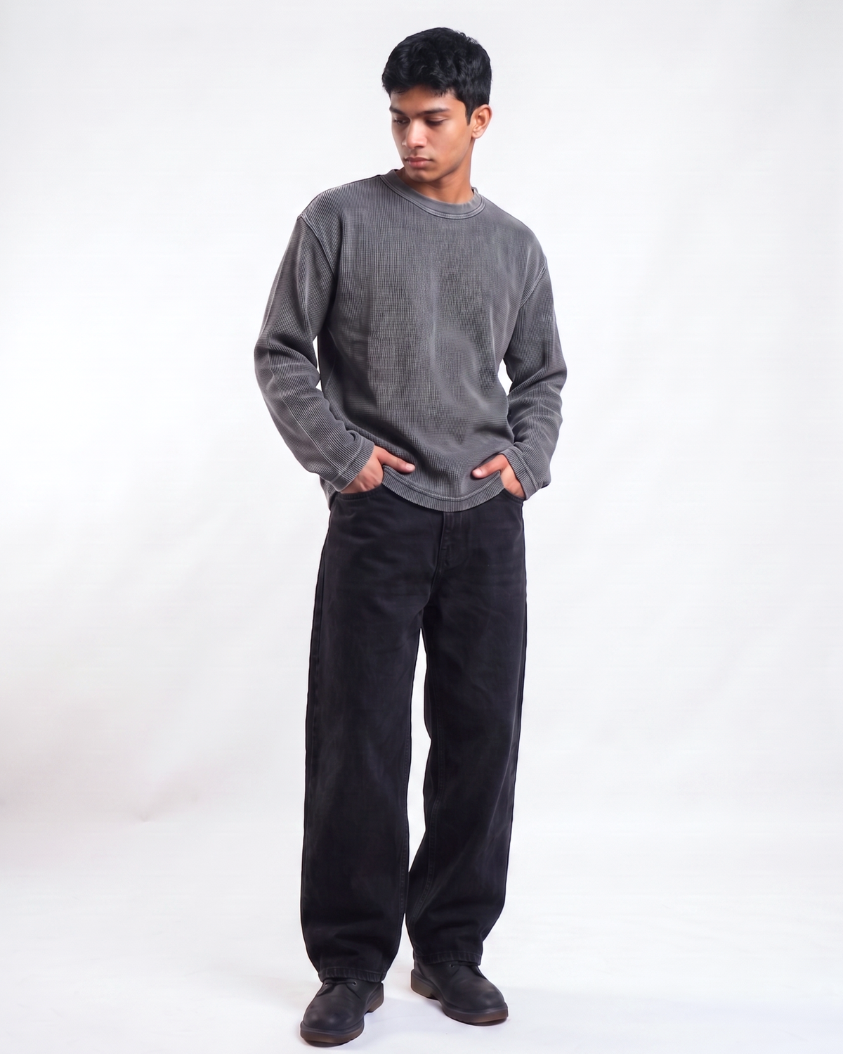 Acid Wash Waffle Knit Oversized Full-Sleeve T-Shirt | 240 GSM Waffle Knit Cotton Oversized Tee