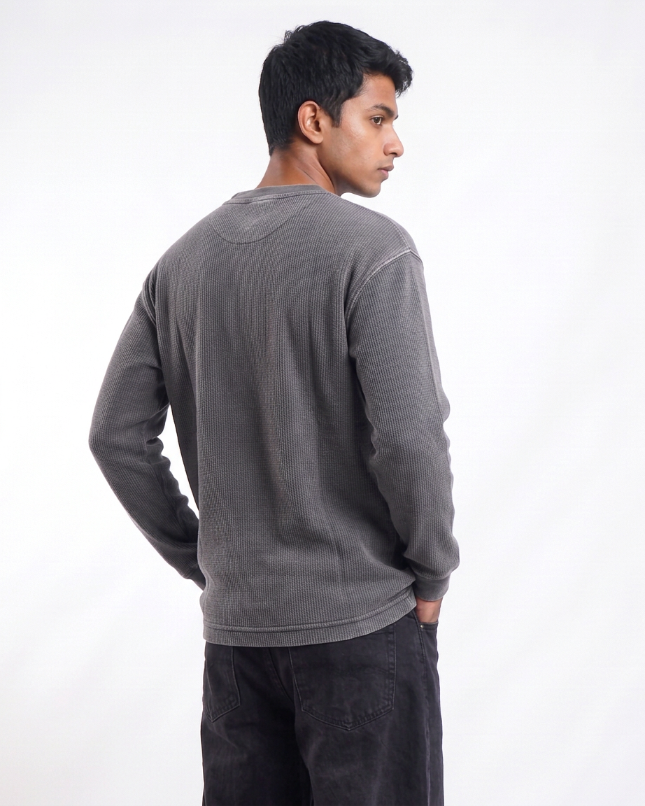 Acid Wash Waffle Knit Oversized Full-Sleeve T-Shirt | 240 GSM Waffle Knit Cotton Oversized Tee