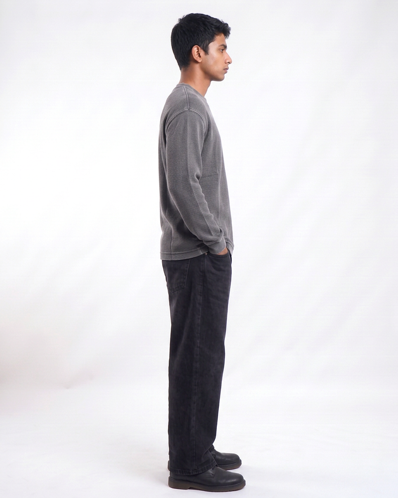 Acid Wash Waffle Knit Oversized Full-Sleeve T-Shirt | 240 GSM Waffle Knit Cotton Oversized Tee
