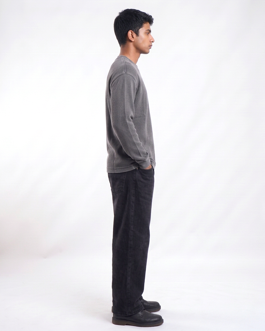 Acid Wash Waffle Knit Oversized Full-Sleeve T-Shirt | 240 GSM Waffle Knit Cotton Oversized Tee