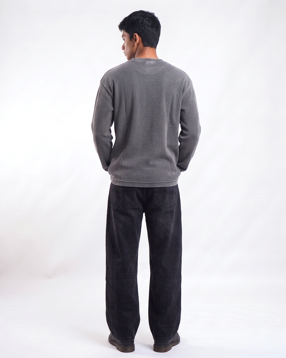 Acid Wash Waffle Knit Oversized Full-Sleeve T-Shirt | 240 GSM Waffle Knit Cotton Oversized Tee