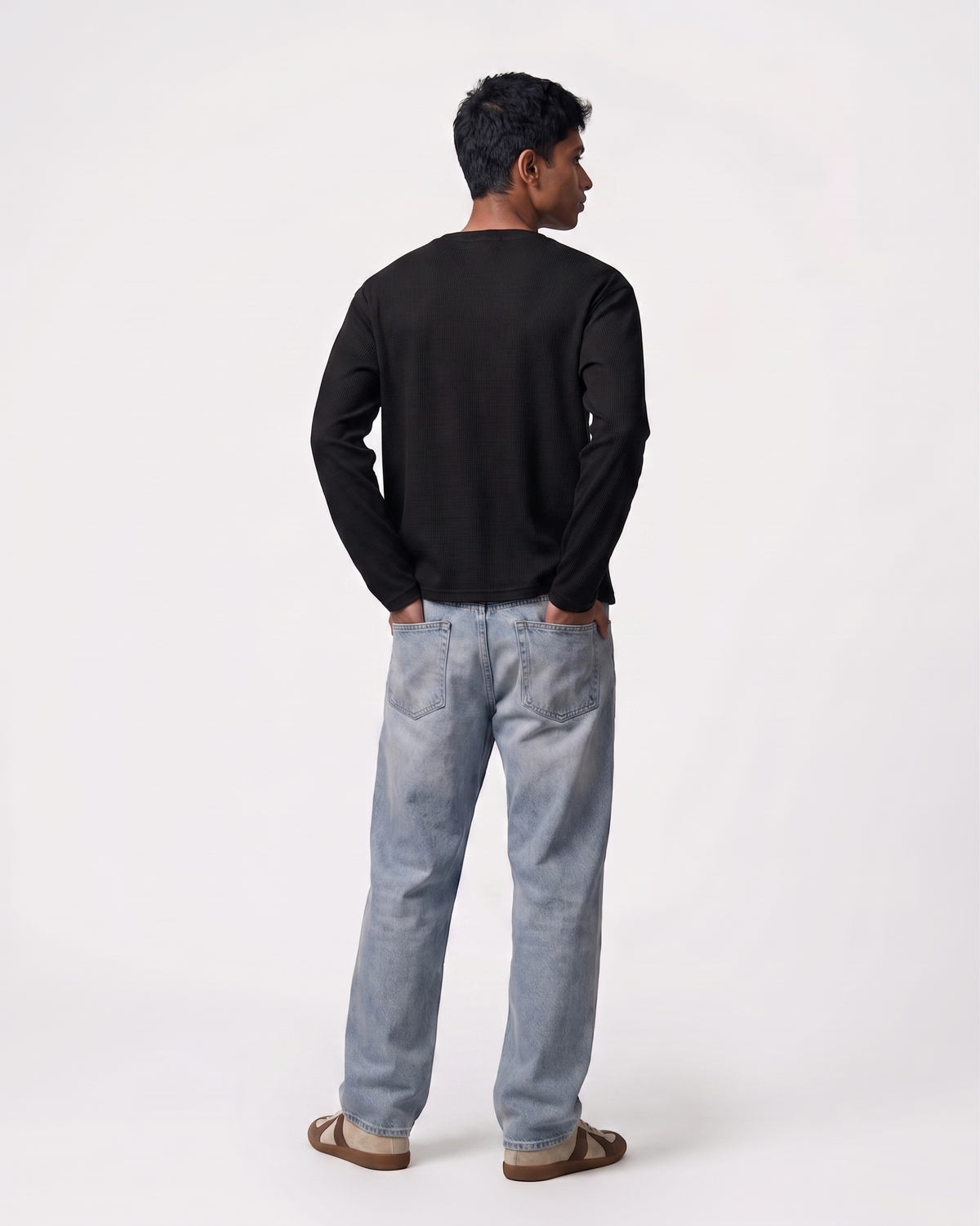 Black Henley Waffle Knit T-Shirt | 240 GSM Waffle Knit Cotton Henley Tee