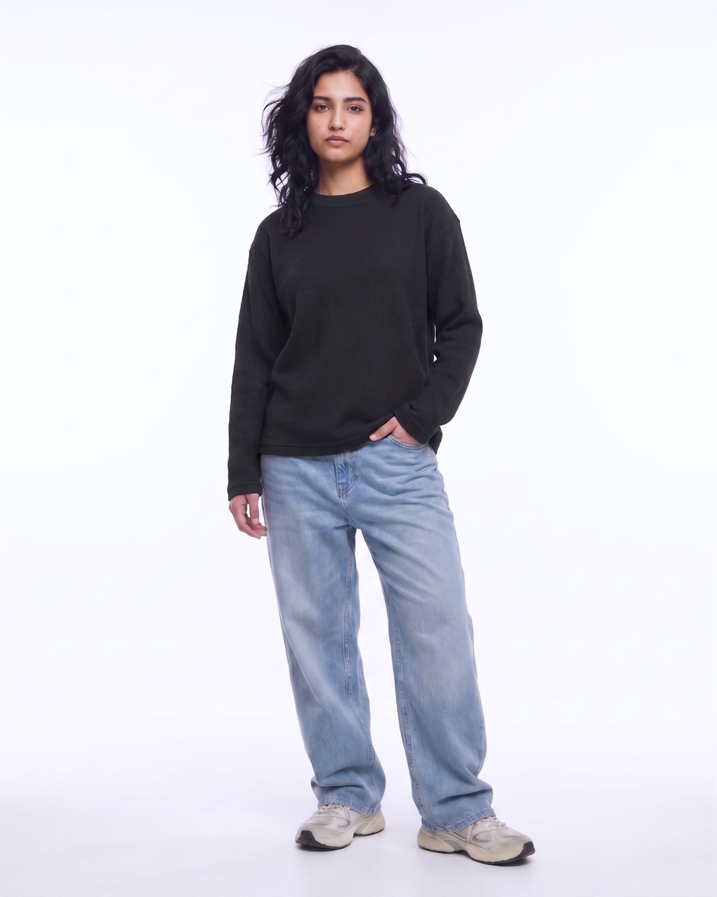 Black Waffle Knit Oversized Full-Sleeve T-Shirt | 240 GSM Cotton Waffle Knit Tee