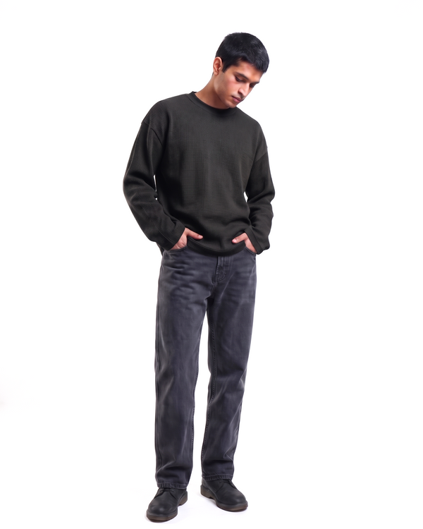 Black Waffle Knit Oversized Full-Sleeve T-Shirt | 240 GSM Cotton Waffle Knit Tee