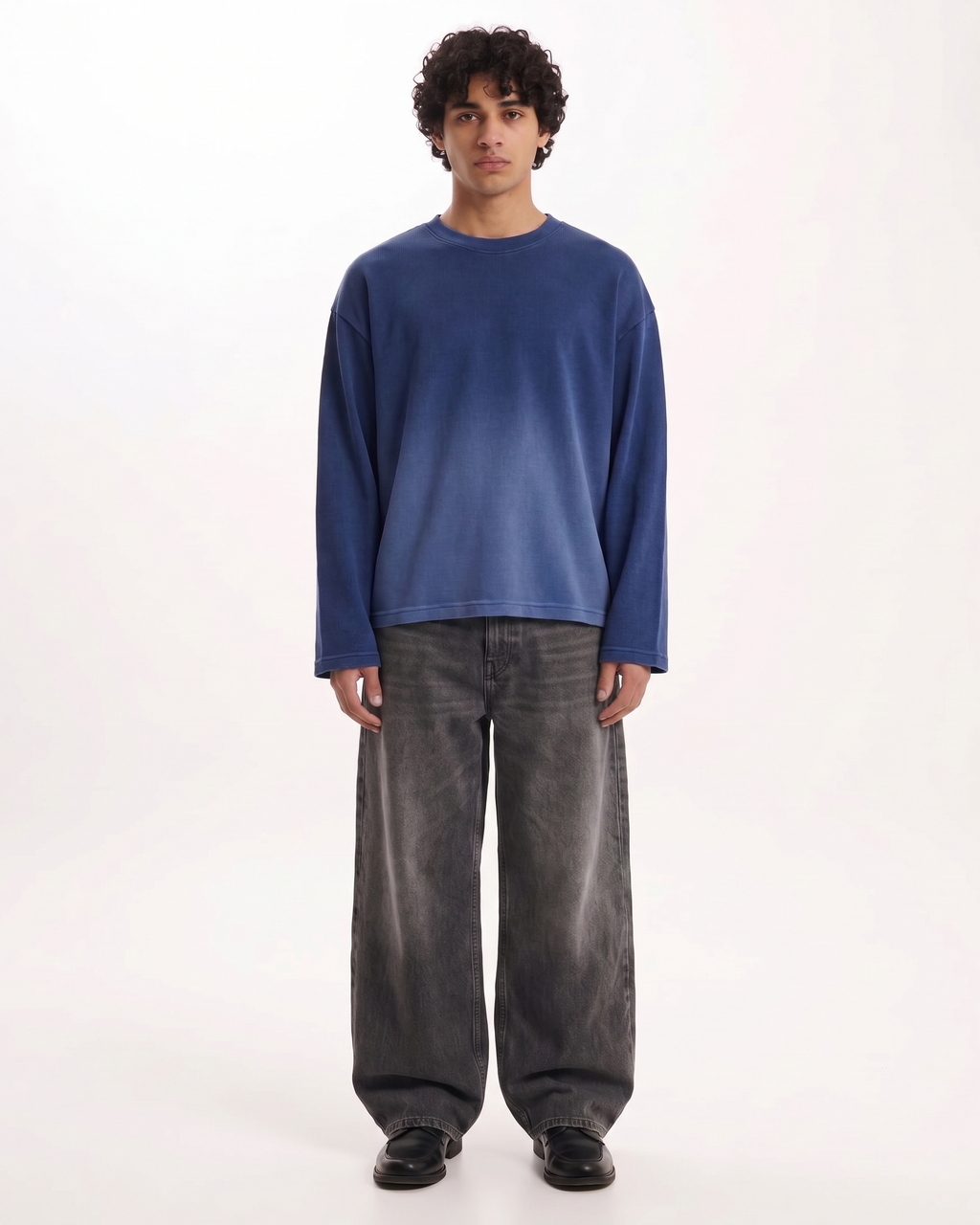 Blue Ombré Waffle Knit Oversized Full-Sleeve T-Shirt | 240 GSM Cotton Waffle Knit Tee