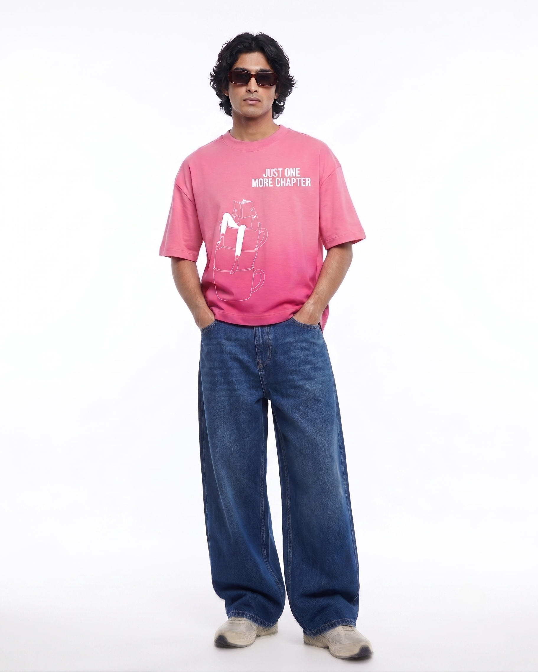 Bookaholic Boxy Fit T-Shirt | 240 GSM French Terry Pink Sunfade Ombré Wash Graphic Tee
