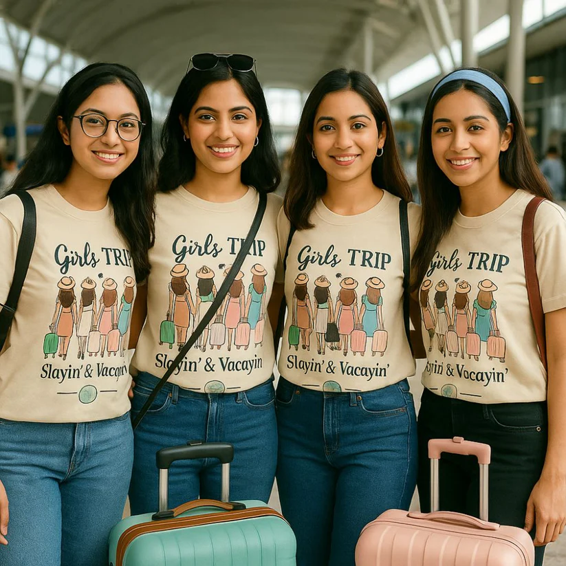 Four women wearing 'Girls Trip' t-shirts with luggage at an airport.