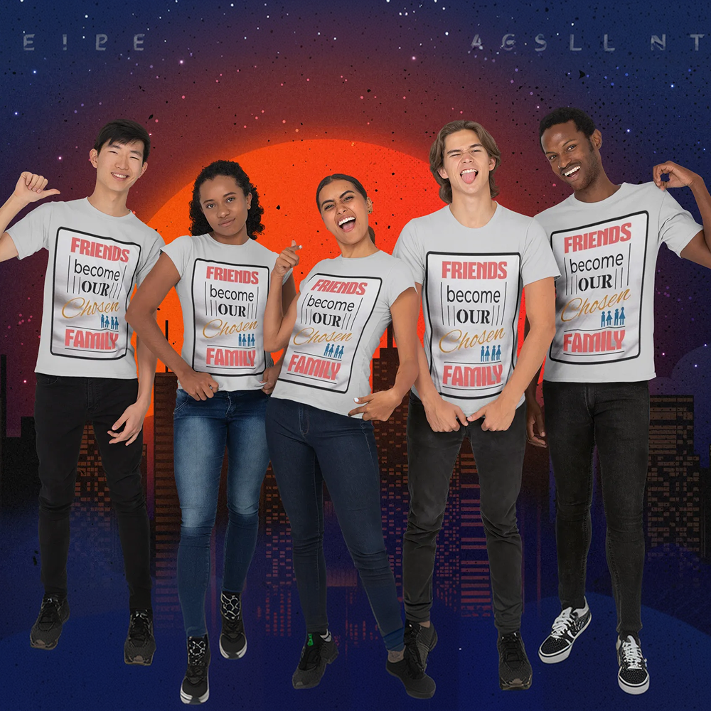 Five people wearing matching t-shirts with a space-themed background