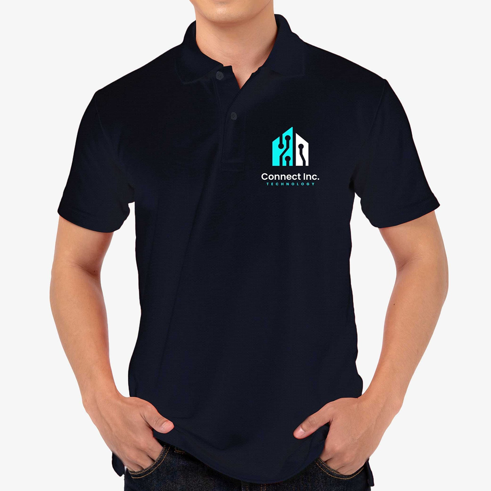 Person wearing a black polo shirt with a logo and text on a white background