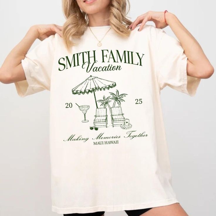 Person wearing a white t-shirt with 'Smith Family Vacation' design on a light gray background