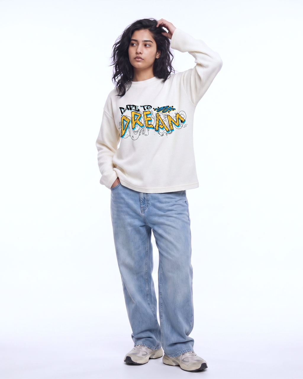 Dare to Dream Off-White Waffle Knit Oversized Full-Sleeve T-Shirt | 240 GSM Cotton Graphic Tee