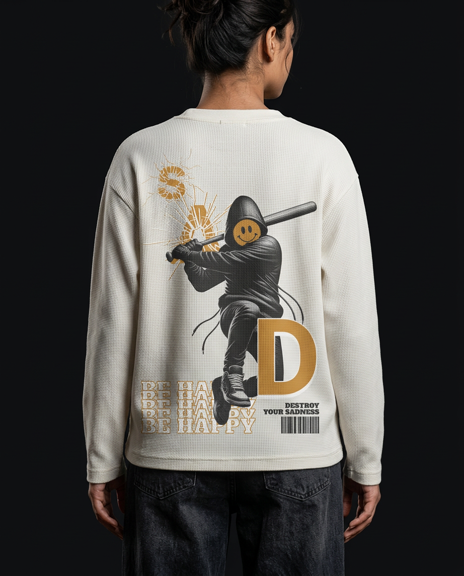 Destroy the Sadness Tee | 240 GSM Off-White Oversized Full-Sleeve Cotton Waffle Knit Graphic Tee
