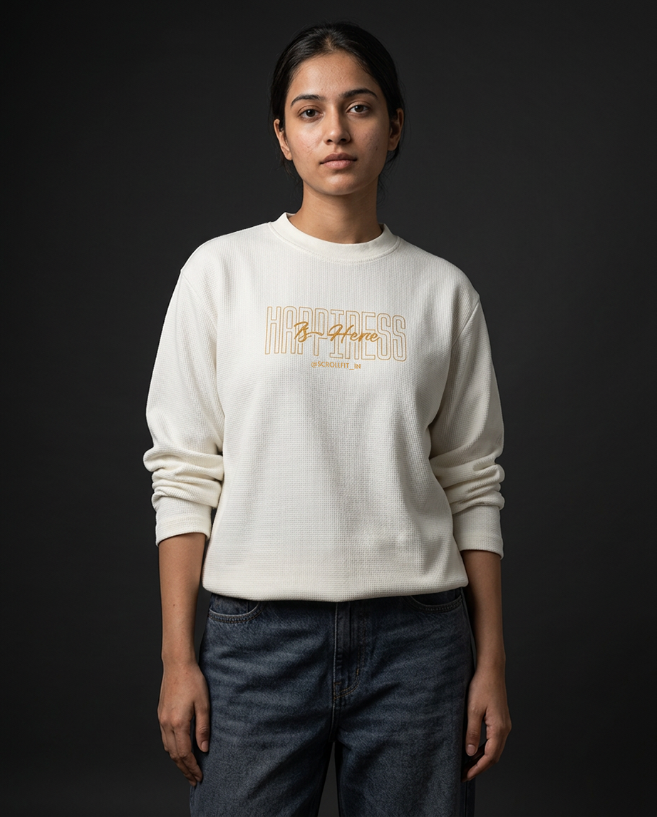 Destroy the Sadness Tee | 240 GSM Off-White Oversized Full-Sleeve Cotton Waffle Knit Graphic Tee