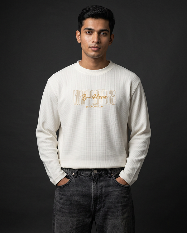 Destroy the Sadness Tee | 240 GSM Off-White Oversized Full-Sleeve Cotton Waffle Knit Graphic Tee