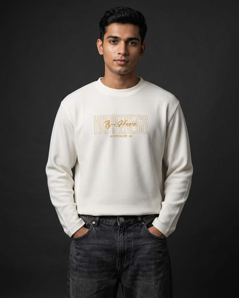 Destroy the Sadness Tee | 240 GSM Off-White Oversized Full-Sleeve Cotton Waffle Knit Graphic Tee