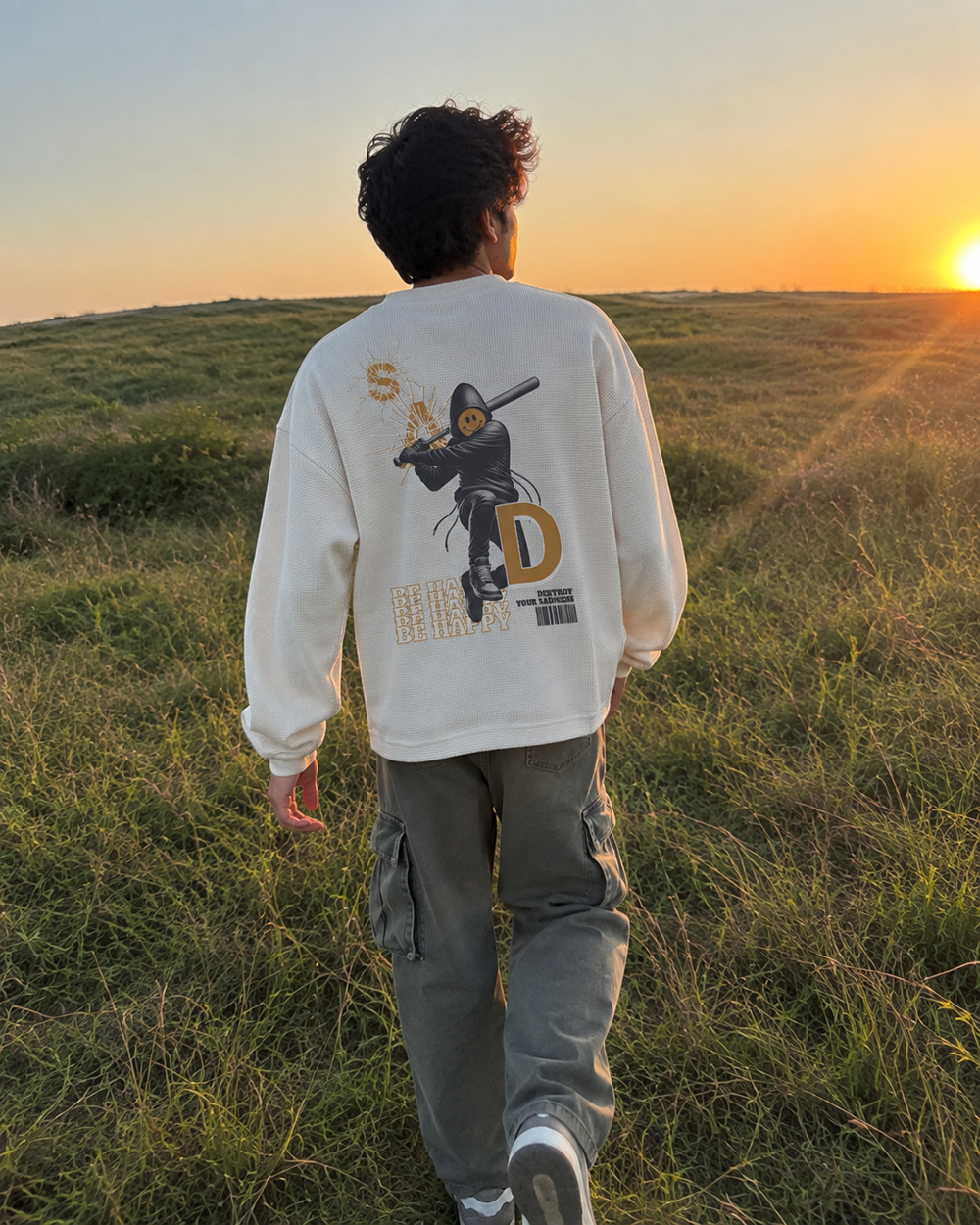 Destroy the Sadness Tee | 240 GSM Off-White Oversized Full-Sleeve Cotton Waffle Knit Graphic Tee