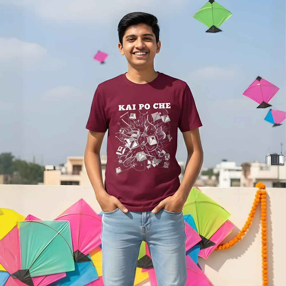 Person wearing a maroon t-shirt with 'KAI PO CHE' design, standing on a rooftop with colorful kites in the background.