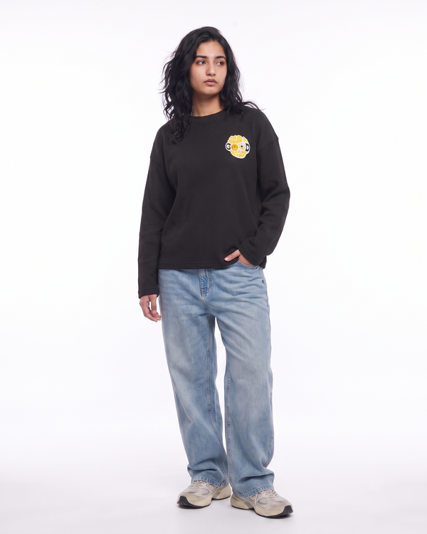 Serendipity Black Waffle Knit Oversized Full-Sleeve T-Shirt | 240 GSM Cotton Graphic Tee