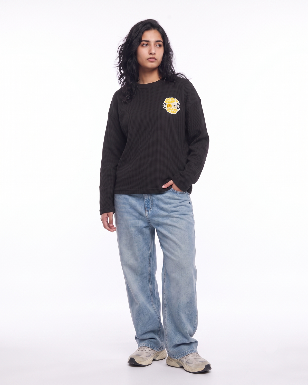 Serendipity Black Waffle Knit Oversized Full-Sleeve T-Shirt | 240 GSM Cotton Graphic Tee