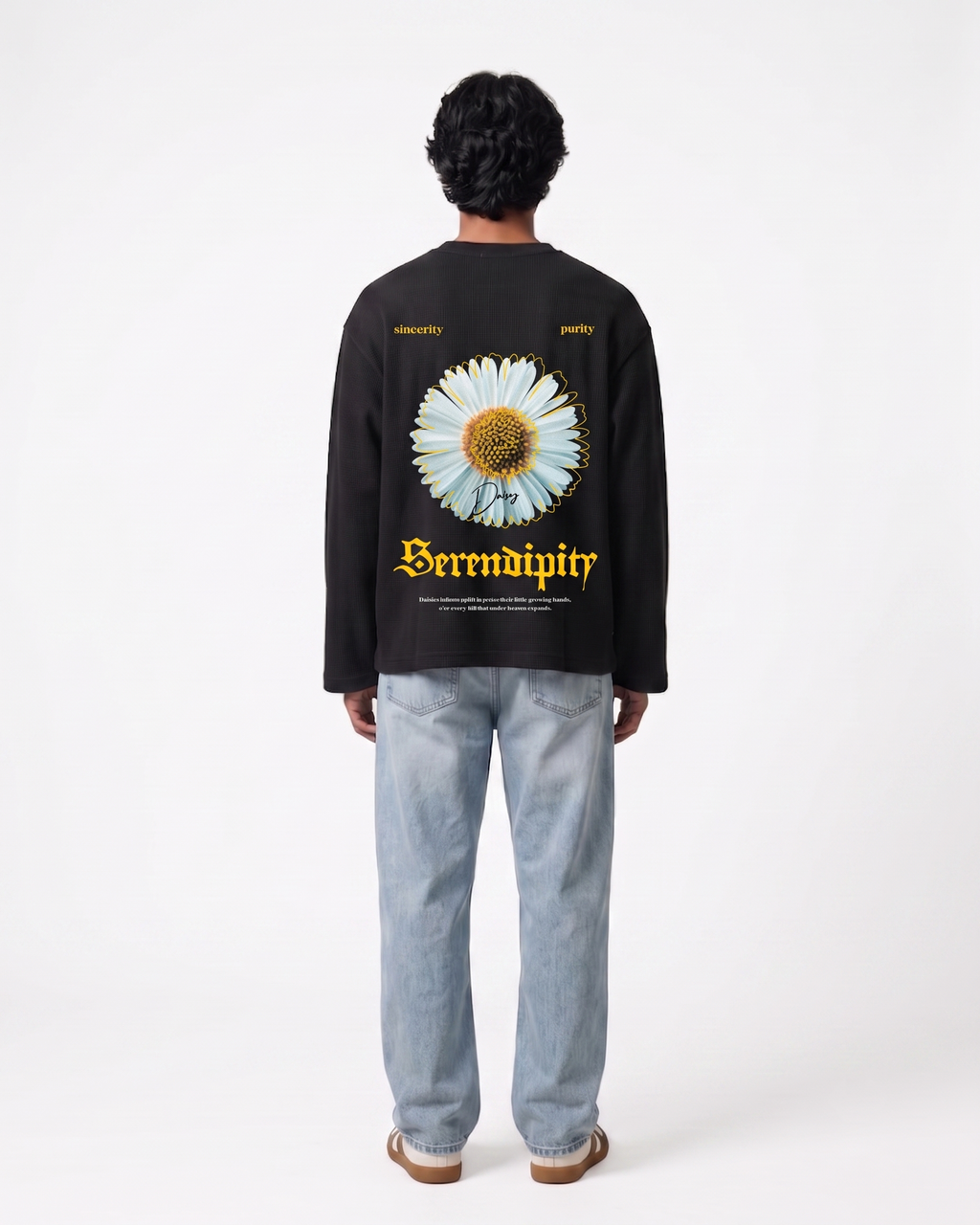 Serendipity Black Waffle Knit Oversized Full-Sleeve T-Shirt | 240 GSM Cotton Graphic Tee