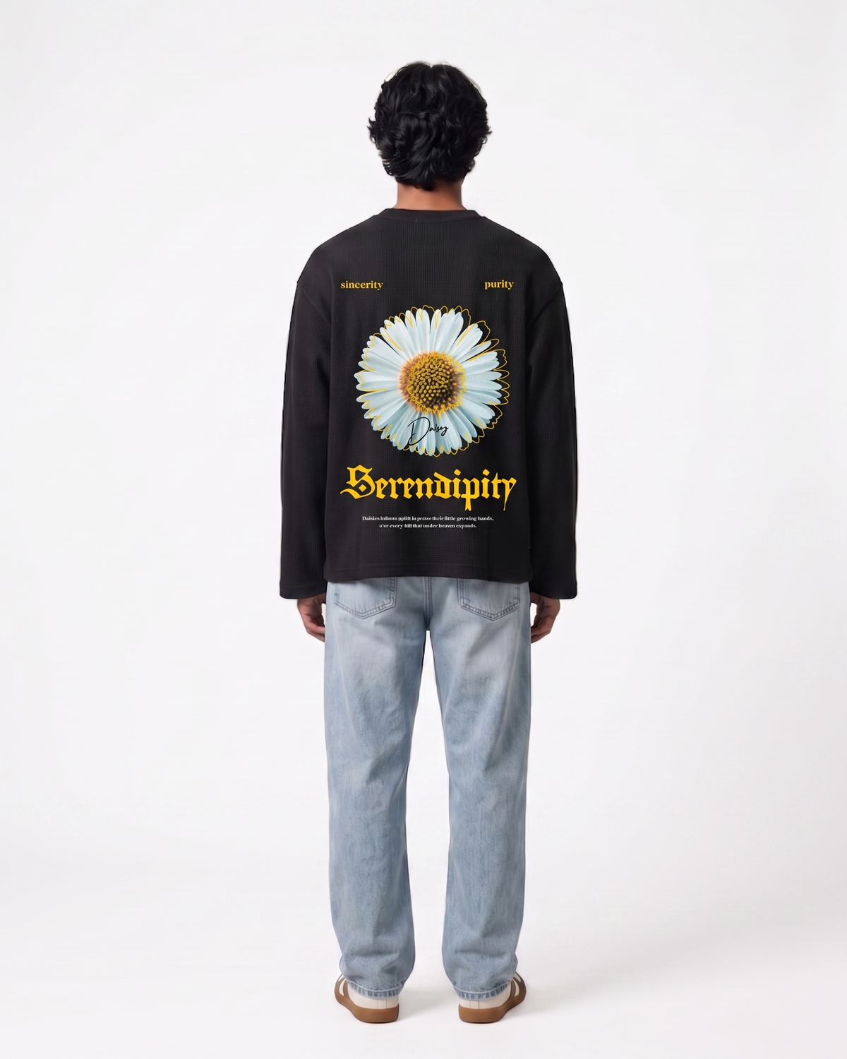Serendipity Black Waffle Knit Oversized Full-Sleeve T-Shirt | 240 GSM Cotton Graphic Tee