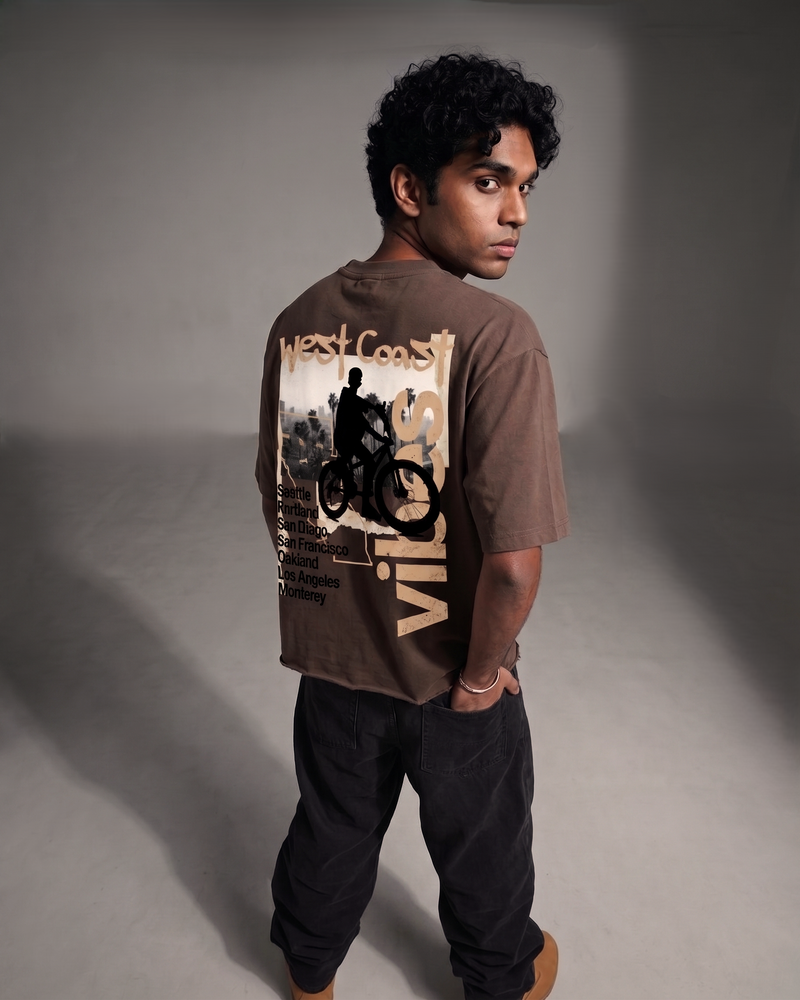 West Coast Vibes Brown Graphic Boxy Fit T-Shirt | 240 GSM French Terry Brown Graphic Tee