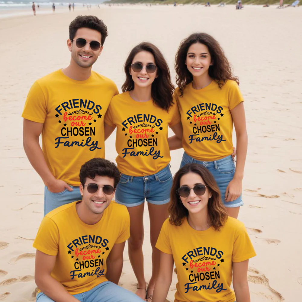 Five people wearing yellow t-shirts with a beach background