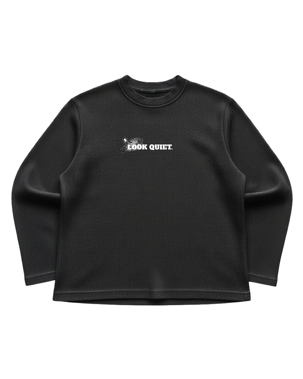 Look Quiet Spider Tee | 240 GSM Cotton Waffle Knit Black Oversized Full-Sleeve Graphic Tee