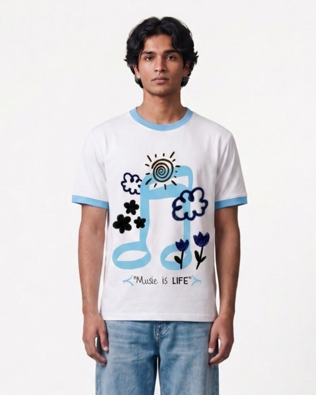 Music Is Life White & Sky Blue Ringer T-Shirt | 220 GSM 96% Cotton Lycra Ringer Tee