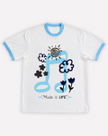 Music Is Life White & Sky Blue Ringer T-Shirt | 220 GSM 96% Cotton Lycra Ringer Tee