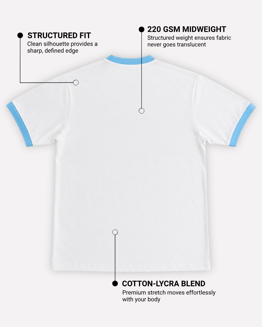 Music Is Life White & Sky Blue Ringer T-Shirt | 220 GSM 96% Cotton Lycra Ringer Tee