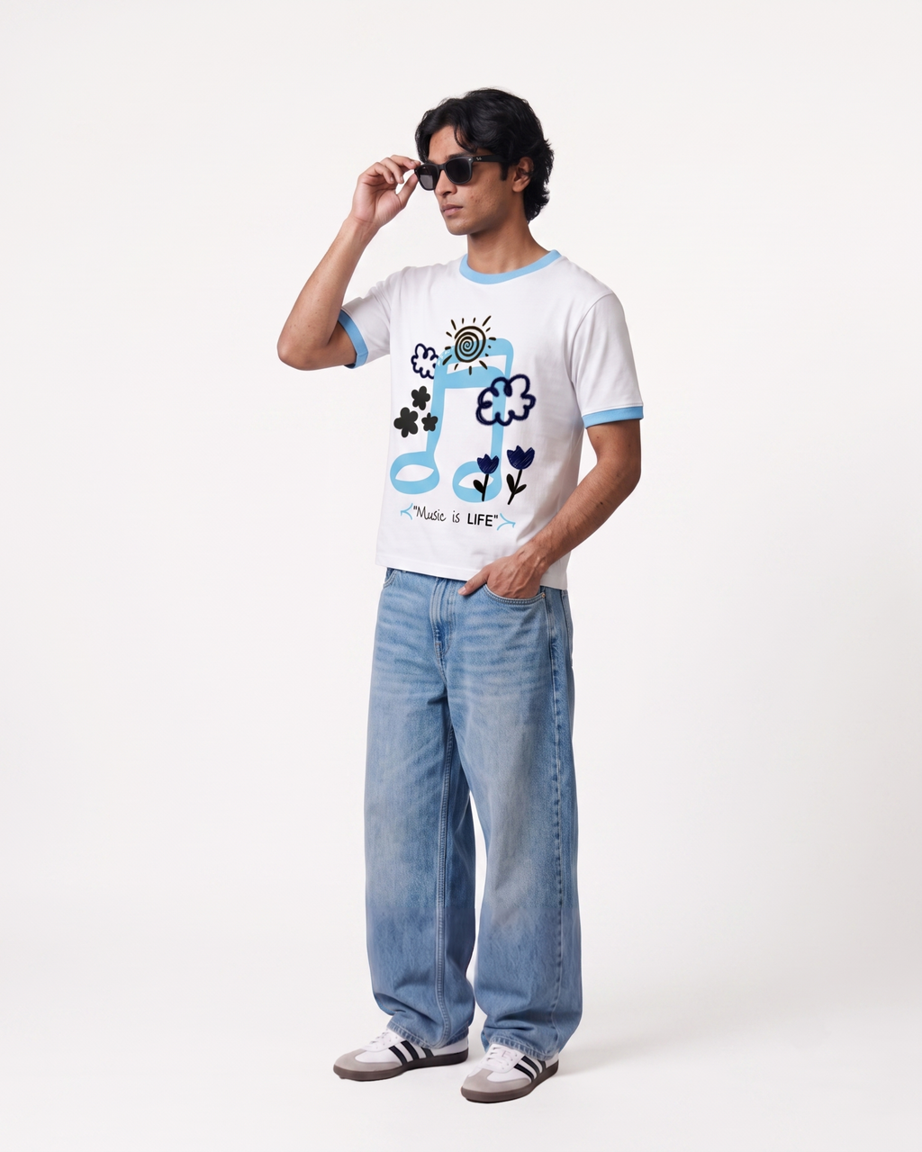 Music Is Life White & Sky Blue Ringer T-Shirt | 220 GSM 96% Cotton Lycra Ringer Tee