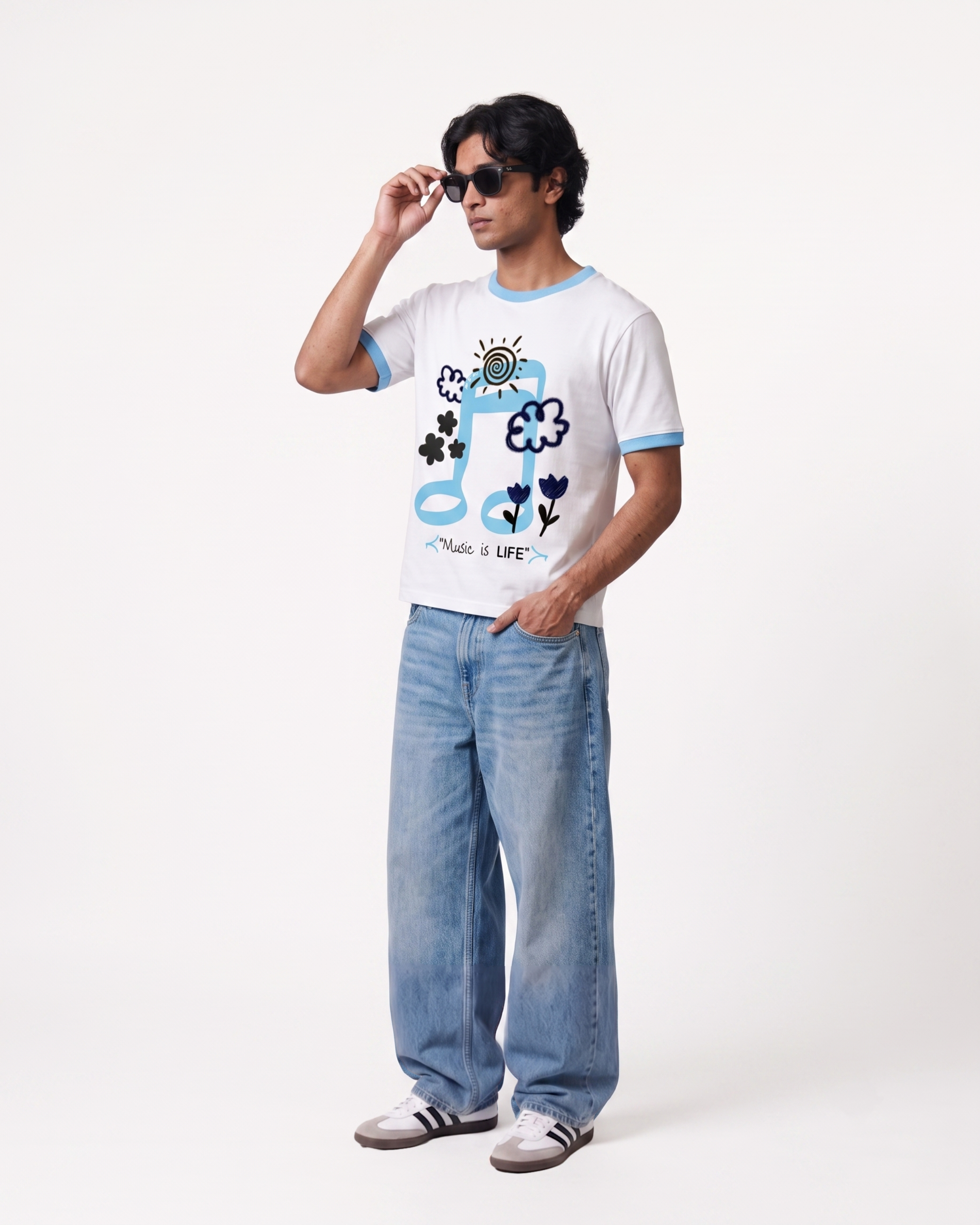 Music Is Life White & Sky Blue Ringer T-Shirt | 220 GSM 96% Cotton Lycra Ringer Tee