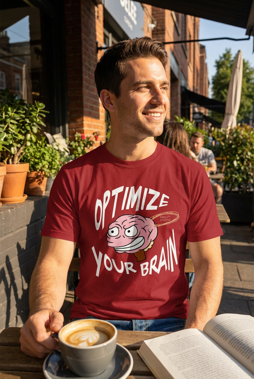 Man wearing a red t-shirt with 'Optimize Your Brain' design, sitting outdoors with a coffee and book.