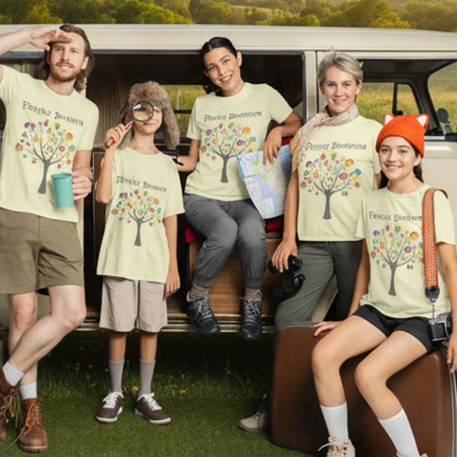 Family of five wearing matching t-shirts with a tree design, standing in front of a van in a natural setting.