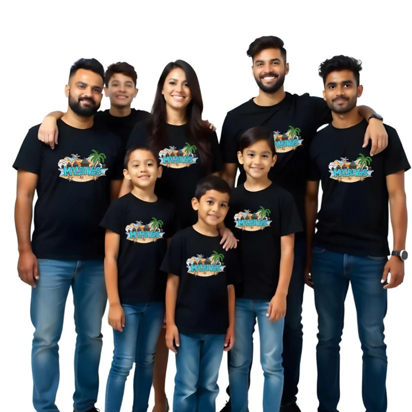 Family of seven wearing matching black t-shirts with a logo on a white background