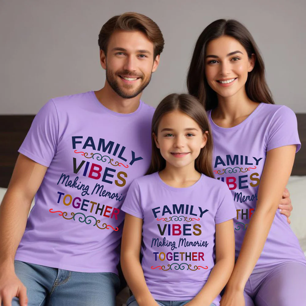 Family of three wearing matching purple t-shirts with 'Family Vibes Making Memories Together' text.
