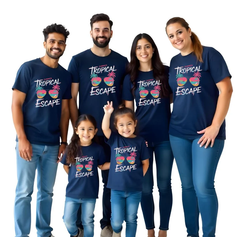 Family wearing matching blue t-shirts with 'Tropical Escape' design on a white background
