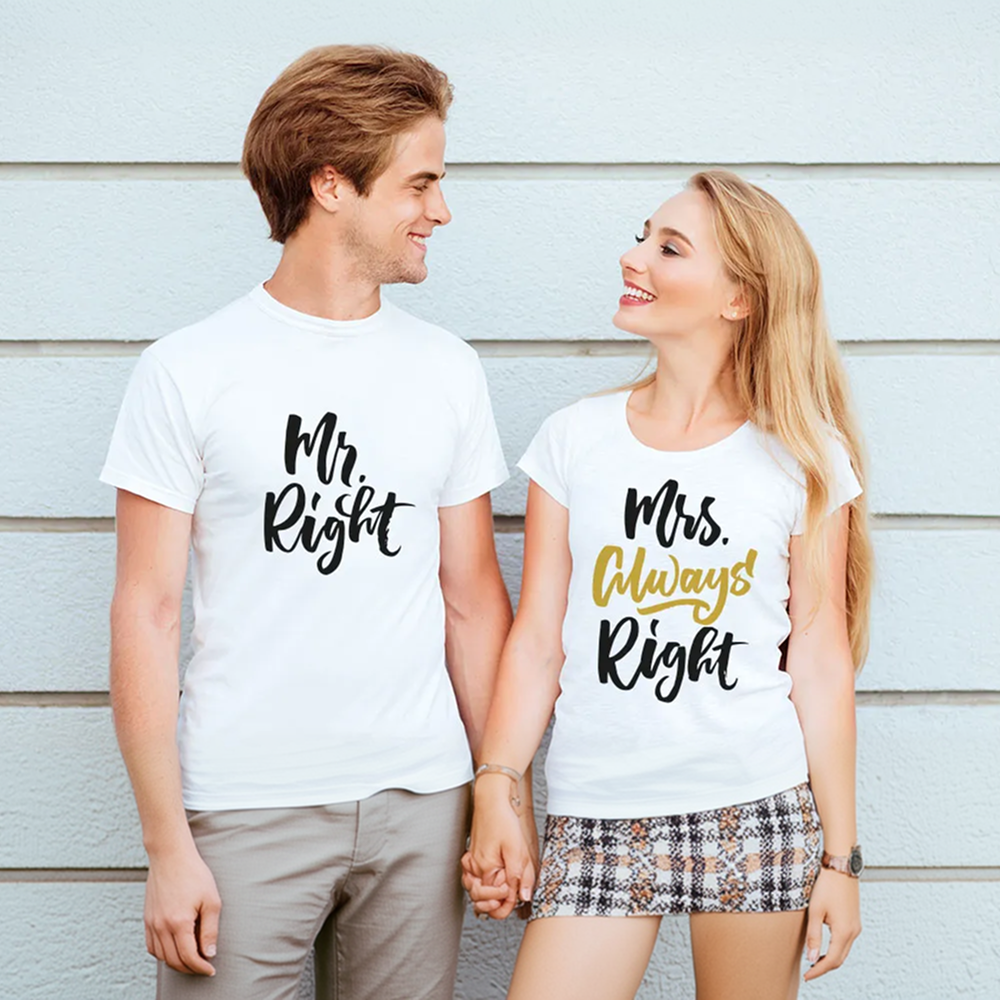 Man and woman holding hands wearing matching t-shirts with 'Mr. Right' and 'Mrs. Always Right' text.