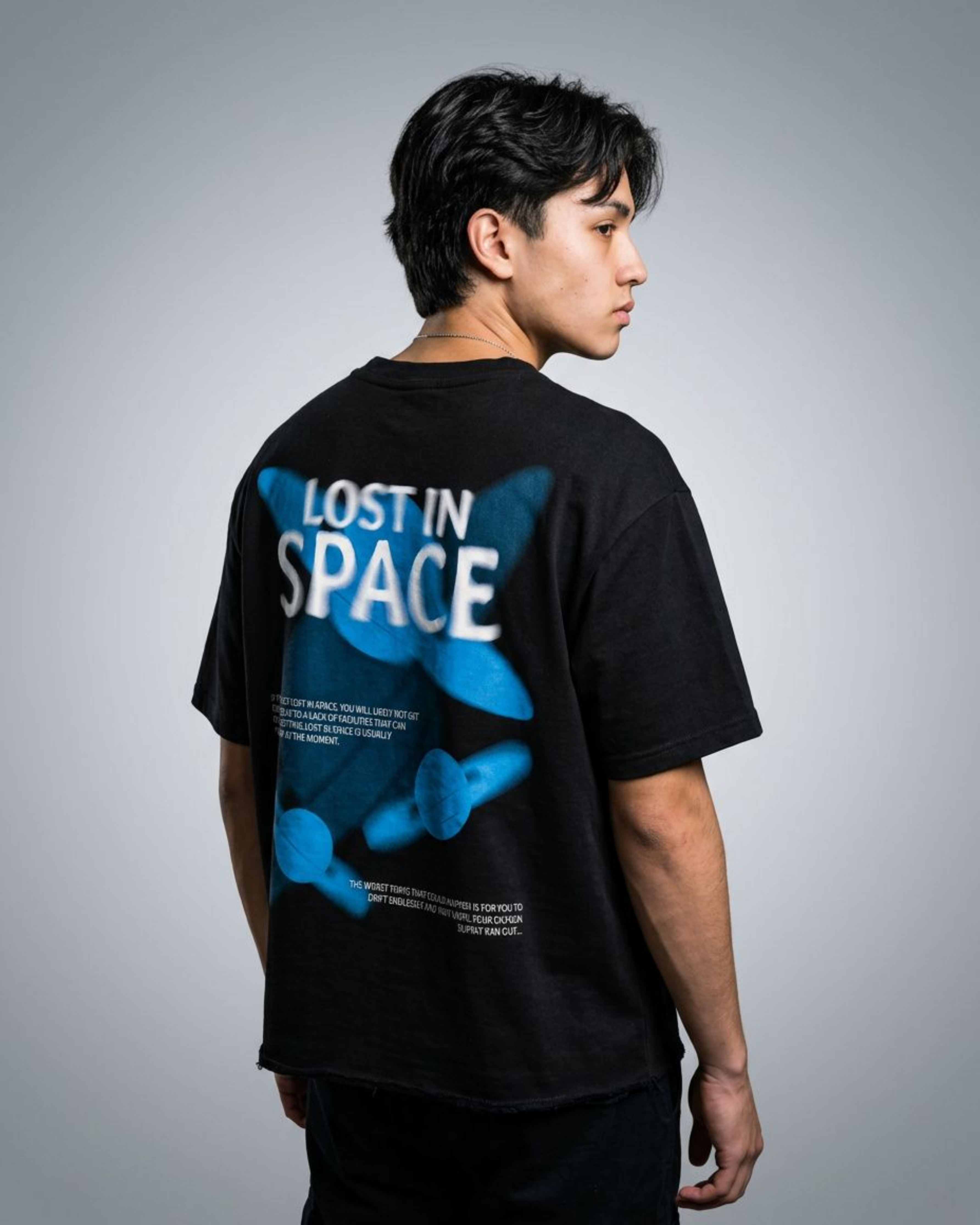 Lost In Space Black Graphic Boxy Fit T-Shirt | 240 GSM French Terry Black Graphic Tee