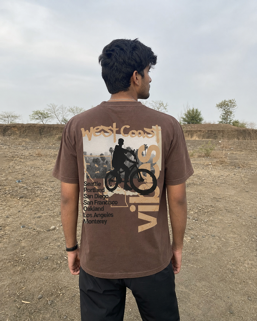 West Coast Vibes Brown Boxy Fit T-Shirt | 240 GSM French Terry Brown Graphic Tee