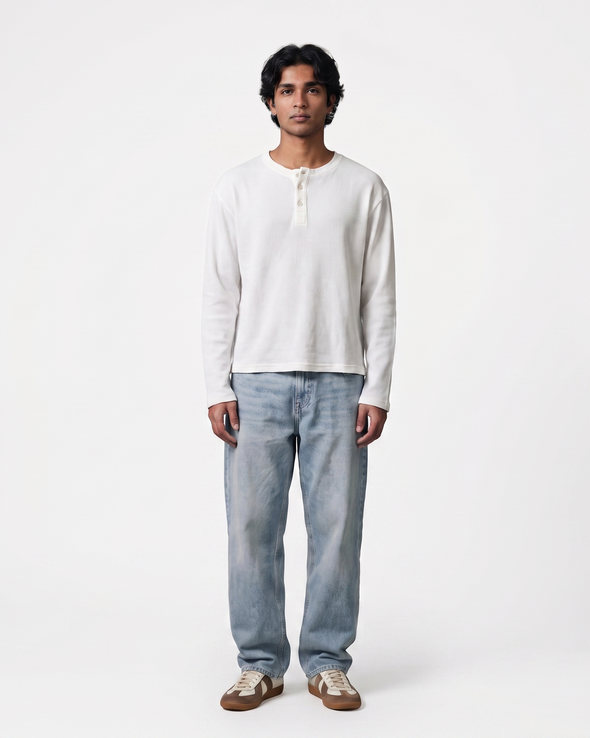 White Henley Waffle Knit T-Shirt | 240 GSM Waffle Knit Cotton Henley Tee