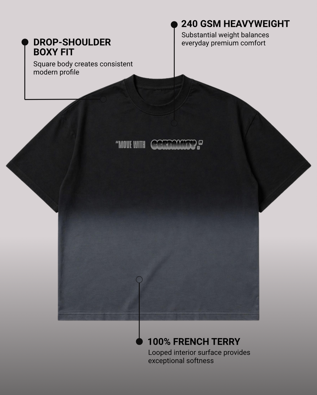 Without Doubt Boxy Fit T-Shirt | 240 GSM French Terry Black Ombré Wash Graphic Tee