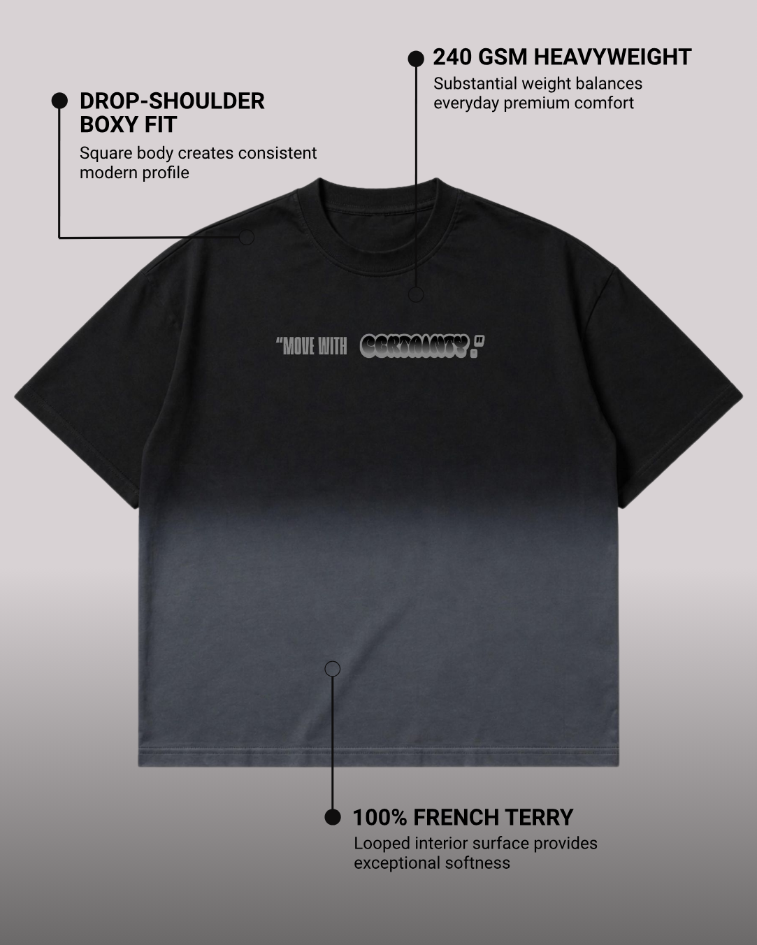 Without Doubt Boxy Fit T-Shirt | 240 GSM French Terry Black Ombré Wash Graphic Tee