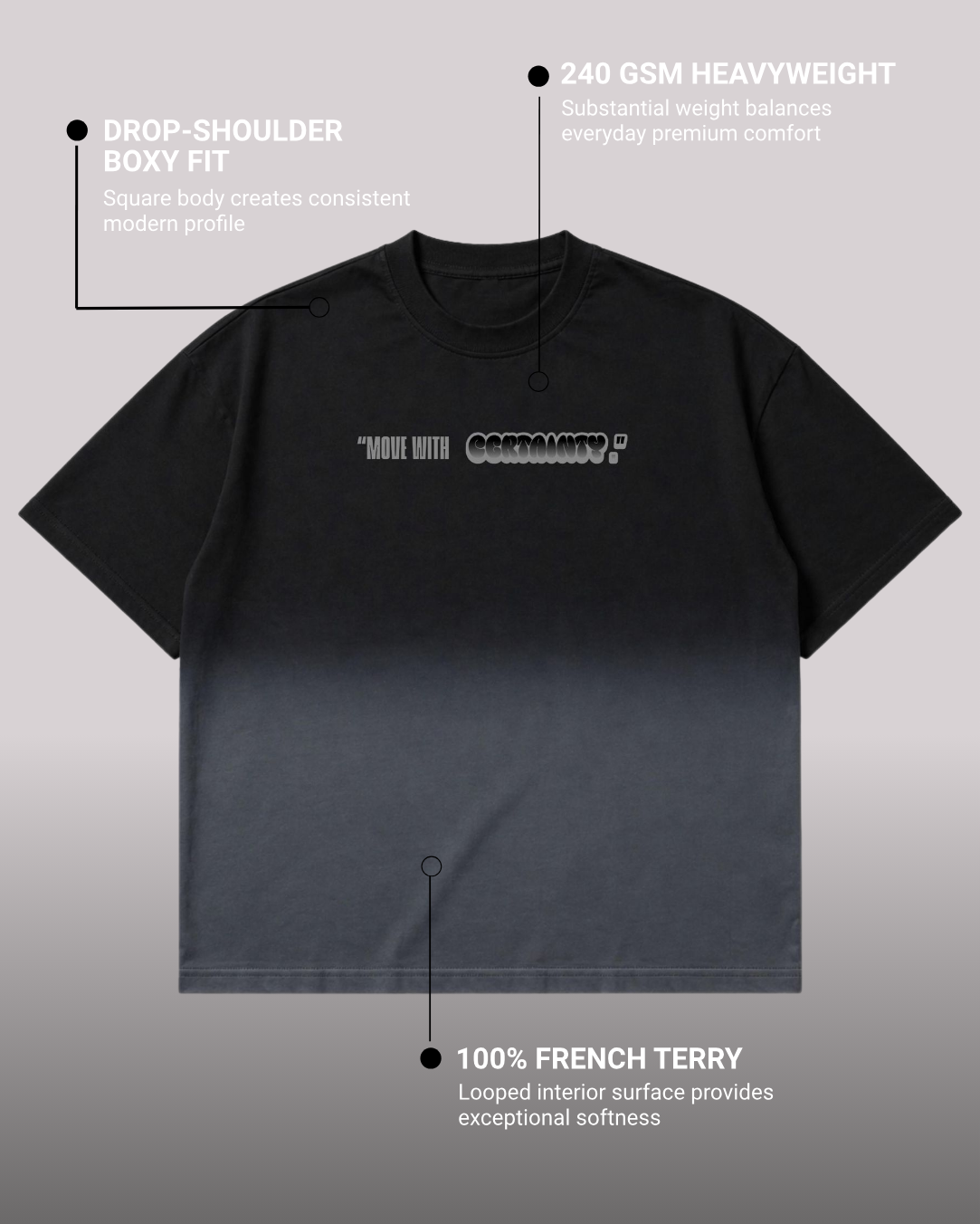 Without Doubt Graphic Boxy Fit T-Shirt | 240 GSM French Terry Black Ombré Wash Graphic Tee