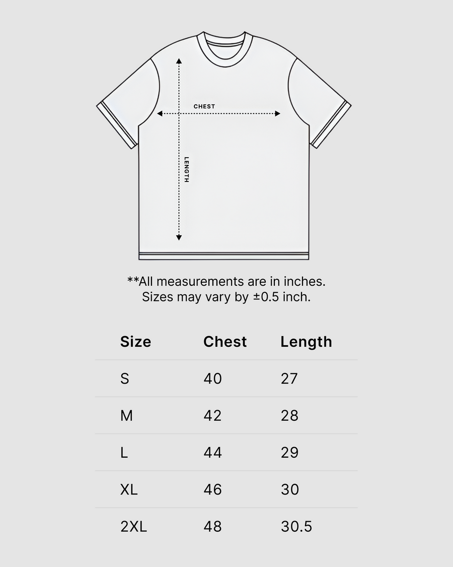 Acid Wash Oversized T-Shirt | 240 GSM French Terry Cotton Oversized Tee Size Chart